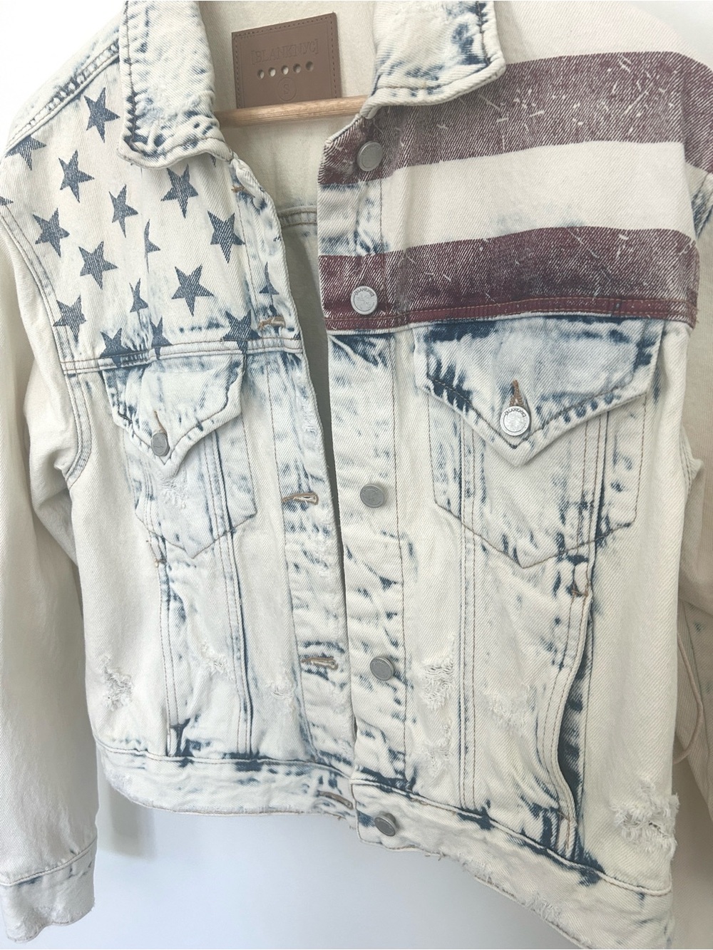 Blank NYC American Flag Distressed Denim Jacket Size S - Picture 12 of 15